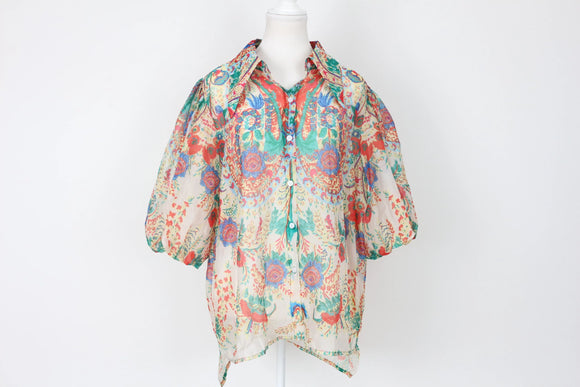 Multi colour printed puff sleeve blouse - L