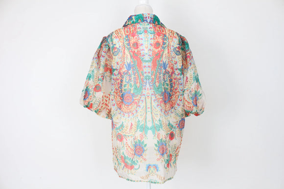 Multi colour printed puff sleeve blouse - L