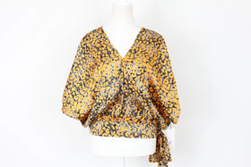 Yellow and grey satin cheetah print blouse - L