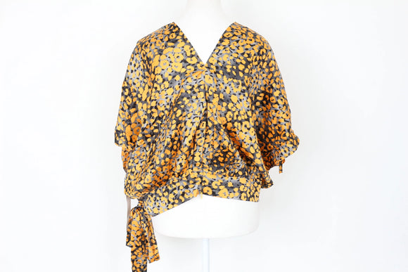 Yellow and grey satin cheetah print blouse - L
