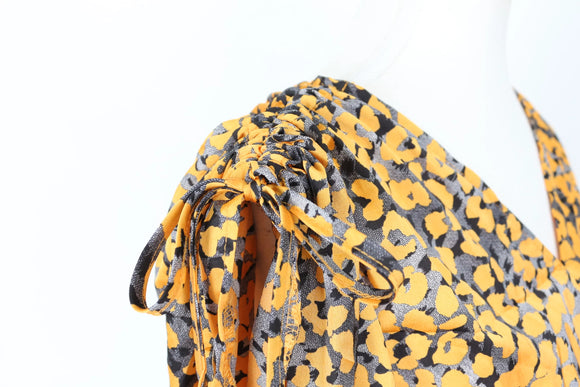 Yellow and grey satin cheetah print blouse - L