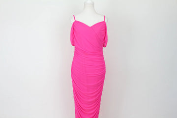 Hot Pink Ruched Spaghetti Strap Midi Dress – L
