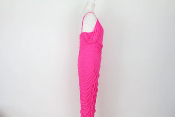 Hot Pink Ruched Spaghetti Strap Midi Dress – L - 0