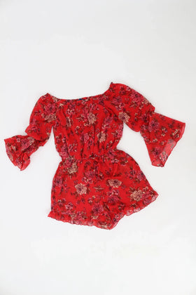 Off the shoulder red and floral jumpsuit - S