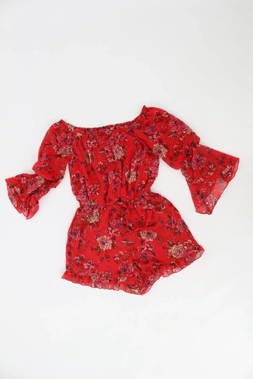 Red Floral Off-the-Shoulder Jumpsuit – S