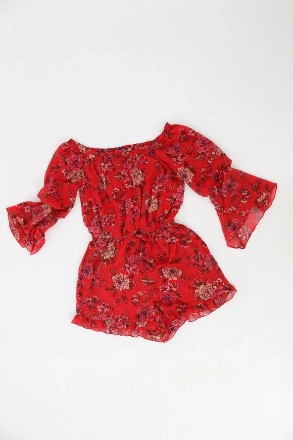 Off the shoulder red and floral jumpsuit - S
