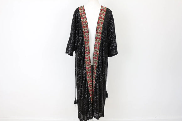 YDE Black sequin kimono with bohemian style embroidery - L