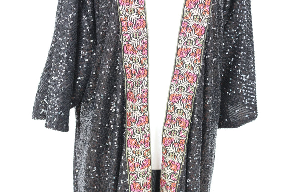 YDE Black sequin kimono with bohemian style embroidery - L