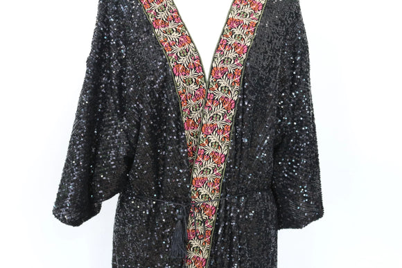 YDE Black sequin kimono with bohemian style embroidery - L