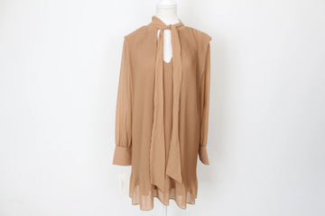 YDE Elegant Tan Pleated Chiffon Long-Sleeve Dress – Flowing & Versatile | Size M | Brand New