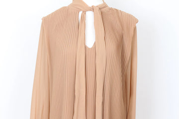 YDE Elegant Tan Pleated Chiffon Long-Sleeve Dress – Flowing & Versatile | Size M | Brand New - 0