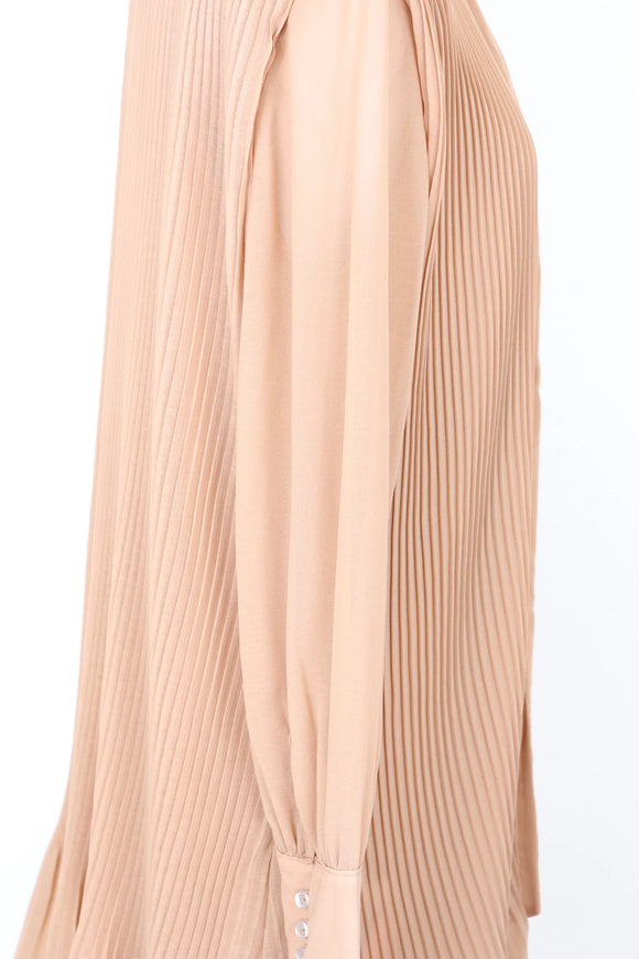 YDE Tan pleated chiffon long sleeve dress - M