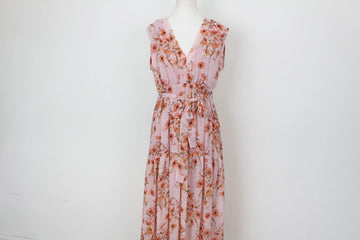 YDE Pink & Orange Floral Chiffon Maxi Dress – Romantic Silhouette | Size L (Runs Small) | Brand New