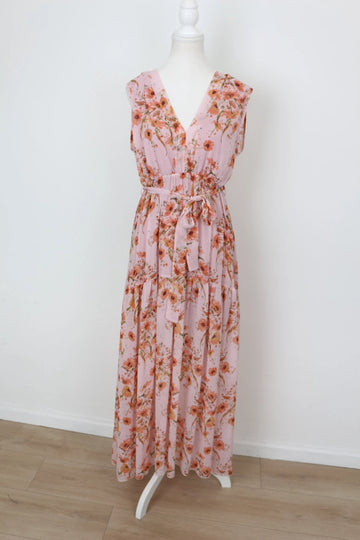 YDE Pink & Orange Floral Chiffon Maxi Dress – Romantic Silhouette | Size L (Runs Small) | Brand New - 0