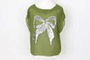 Olive green chiffon blouse with silver bow accent - S-2