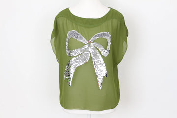 Vintage Olive Green Chiffon Blouse – Silver Bow Accent | Lightweight & Breathable | Size S - 0