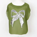 Olive green chiffon blouse with silver bow accent - S-1