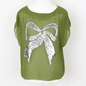 Olive green chiffon blouse with silver bow accent - S