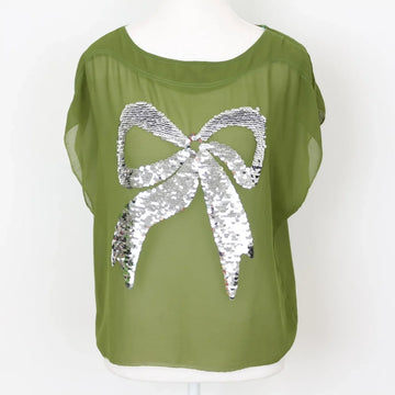 Vintage Olive Green Chiffon Blouse – Silver Bow Accent | Lightweight & Breathable | Size S