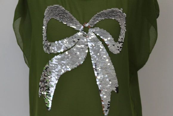 Olive green chiffon blouse with silver bow accent - S
