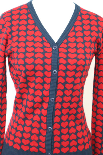 OBR Vintage Navy & Red Heart Knit Cardigan – Charming Unique Knitwear | Size M | Pre-Loved - 0