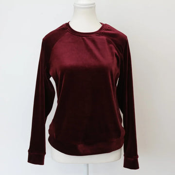 Woolies Luxe Maroon Velvet Sweater – Rich Jewel-Tone Knit | Size S | Pre-Loved