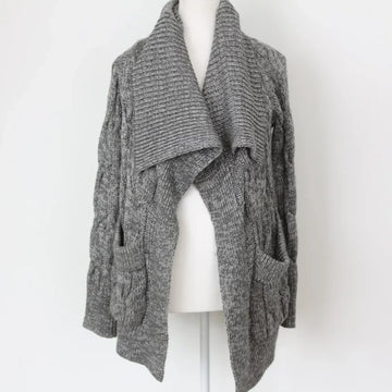 Woolies Classic Grey Cable Knit Cardigan – Cosy Timeless Layer | Size S | Pre-Loved