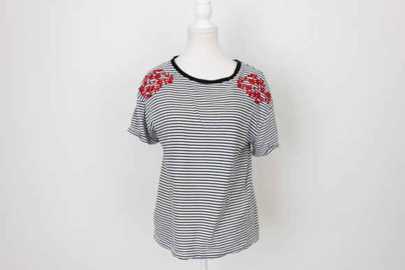 Woolies black and white stripe with red embroidery t-shirt - S