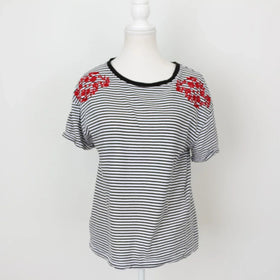 Woolies black and white stripe with red embroidery t-shirt - S