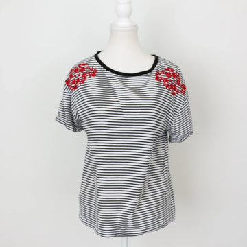 Woolies Classic Black & White Stripe T-Shirt – Charming Red Embroidery Detail | Size S | Pre-Loved