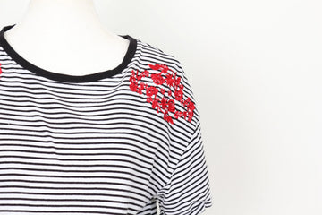 Woolies Classic Black & White Stripe T-Shirt – Charming Red Embroidery Detail | Size S | Pre-Loved - 0