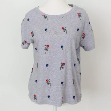 Woolies Vintage Grey T-Shirt – Delicate Embroidered Flower Detail | Size S | Pre-Loved