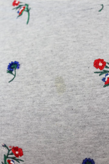 Woolies Vintage Grey T-Shirt – Delicate Embroidered Flower Detail | Size S | Pre-Loved - 0
