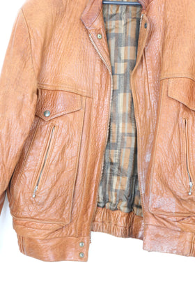 Vintage tan bomber genuine leather jacket - L - 0