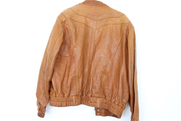 Vintage tan bomber genuine leather jacket - L
