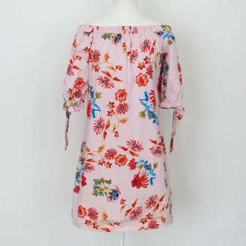Identity Vintage Pink & White Stripe Floral Off-Shoulder Dress – Casual to Weekend Chic | Size 34 | Pre-Loved