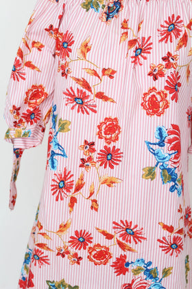 Identity pink and white stripe floral off the shoulder dress - 34 - 0