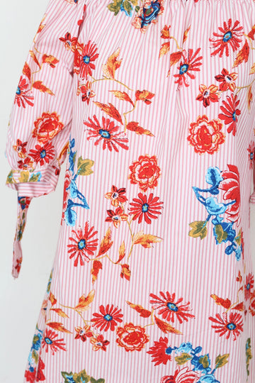 Identity Vintage Pink & White Stripe Floral Off-Shoulder Dress – Casual to Weekend Chic | Size 34 | Pre-Loved - 0