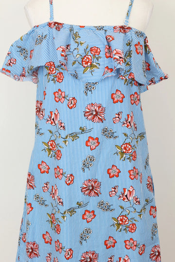 Identity Vintage Blue & White Stripe Floral Off-Shoulder Dress – Casual Charming Style | Size 34 | Pre-Loved - 0