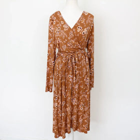 Woolies brown wrap dress with floral - M