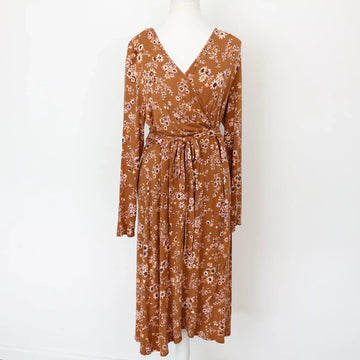 Woolies Classic Brown Floral Wrap Dress – Delicate Timeless Versatile Style | Size M | Pre-Loved