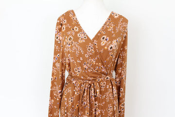 Woolies Classic Brown Floral Wrap Dress – Delicate Timeless Versatile Style | Size M | Pre-Loved - 0