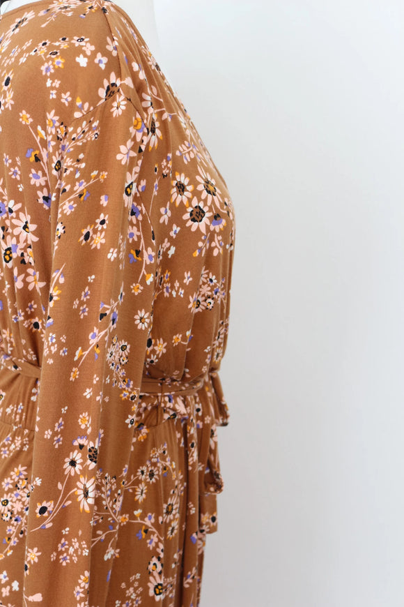 Woolies brown wrap dress with floral - M
