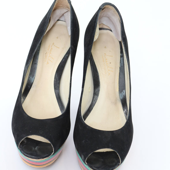 Luella Black Suede & Rainbow Open-Toe Heels – Size 4