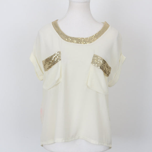 Cream Chiffon Blouse with Gold Accents | Size S