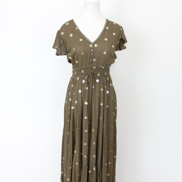 YDE Olive Green Bohemian Maxi Dress with Gold Accents (S)