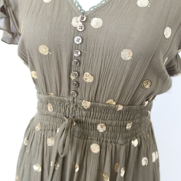 YDE Olive Green Bohemian Maxi Dress with Gold Accents (S)