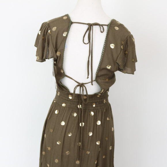 YDE Olive Green Bohemian Maxi Dress with Gold Accents (S)