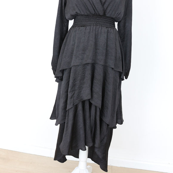 YDE Black Crushed Satin Long Sleeve Trapeze Dress (M)