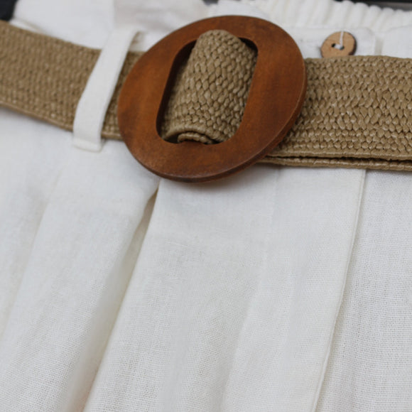 YDE Cream Linen Wide-Leg Pants with Wicker Belt (M)